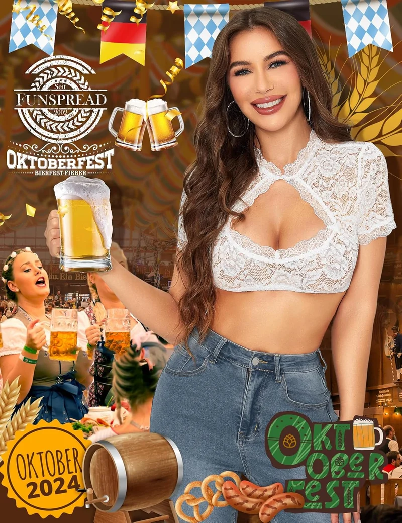 FUNSPREAD Dirndlbluse Damen Spitze Weiß - Kurzarm Dirndl Bluse Trachtenbluse für Oktoberfest