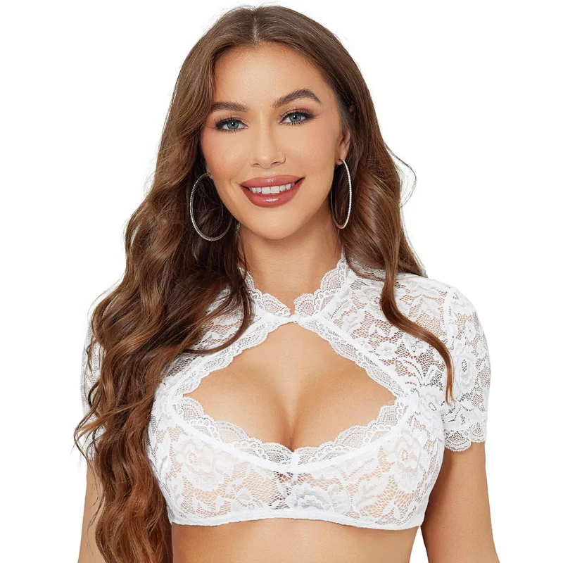 FUNSPREAD Dirndlbluse Damen Spitze Weiß - Kurzarm Dirndl Bluse Trachtenbluse für Oktoberfest