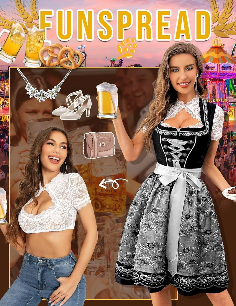 FUNSPREAD Dirndlbluse Damen Spitze Weiß - Kurzarm Dirndl Bluse Trachtenbluse für Oktoberfest