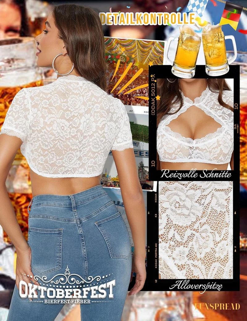 FUNSPREAD Dirndlbluse Damen Spitze Weiß - Kurzarm Dirndl Bluse Trachtenbluse für Oktoberfest