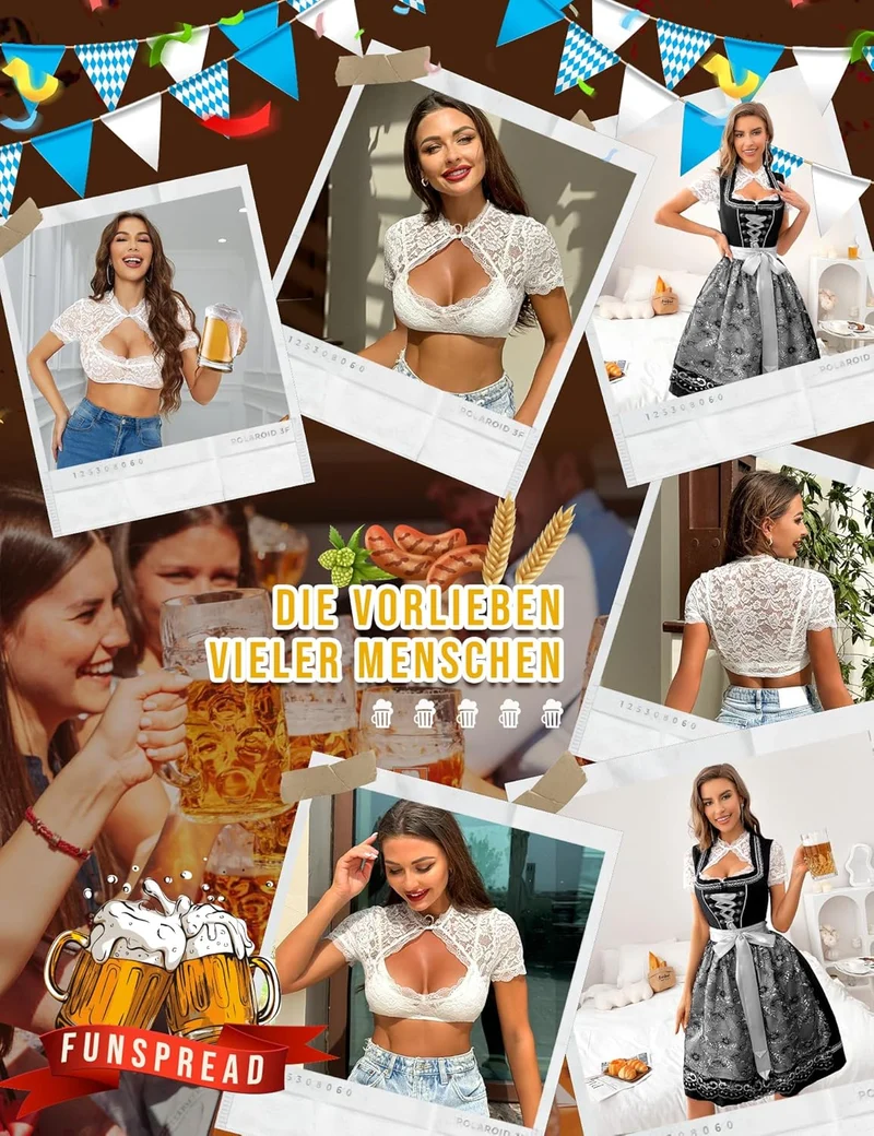 FUNSPREAD Dirndlbluse Damen Spitze Weiß - Kurzarm Dirndl Bluse Trachtenbluse für Oktoberfest