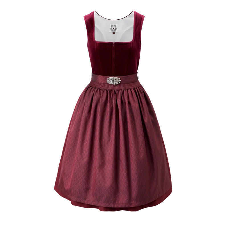 DIRNDLSTERN Damen Trachtenkleid Rot - Midi Dirndlkleid Oktoberfest Outfit Samt Trachtenrock mit 60 cm Dirndlschürzen