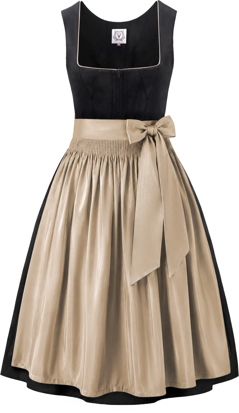 DIRNDLSTERN Trachtenmode Damen Schwarz - Midi Trachtenkleid mit Dirndlschürze Oktoberfest Damen Outfit