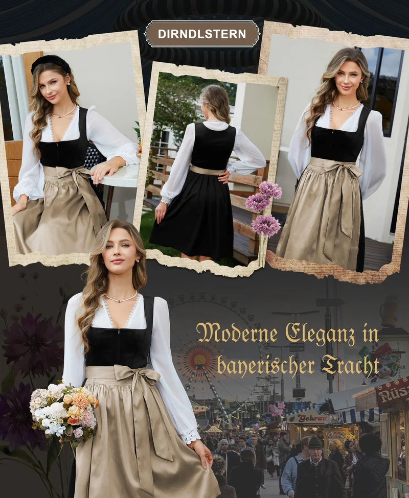 DIRNDLSTERN Trachtenmode Damen Schwarz - Midi Trachtenkleid mit Dirndlschürze Oktoberfest Damen Outfit