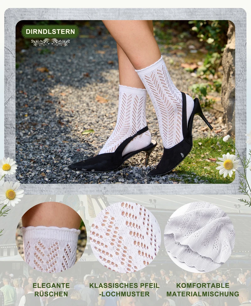 DIRNDLSTERN Trachtensocken Damen Socken – Trachtenstrümpfe Söckchen mit Rüschen für Oktoberfest