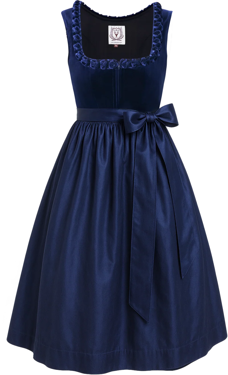 DIRNDLSTERN Dirndl Damen Blau Samt - Dirndlkleid Midi 70cm mit Reißverschluss Oktoberfest Outfit