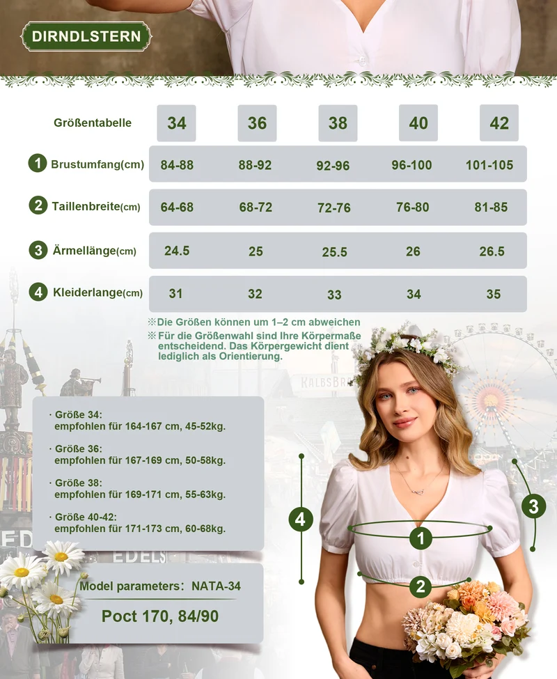DIRNDLSTERN Bluse Damen Weiß - Dirndlbluse Puffärmel Trachtenbluse Damen Modern Oktoberfest