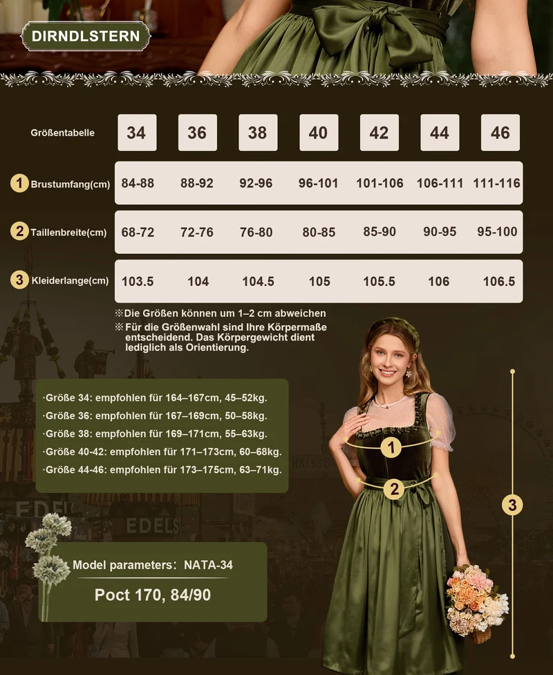 Dirndlstern Dirndl Damen Dirndlkleid Grün - Trachtenkleid Midi Smat Trachtenrock für Oktoberfest Volksfest