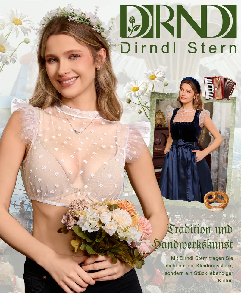 DIRNDLSTERN Dirndlbluse Damen Weiß - Trachtenbluse aus Tüll mit Flügelärmeln und Blümchen & Punkten für Oktoberfest