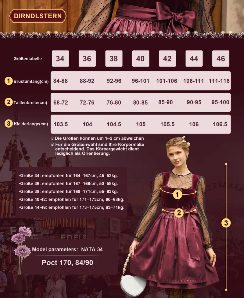 DIRNDLSTERN Damen Rot Trachtenkleid - Midi Oktoberfest Outfit Samt Dirndlkleid mit 60 cm Dirndlschürzen