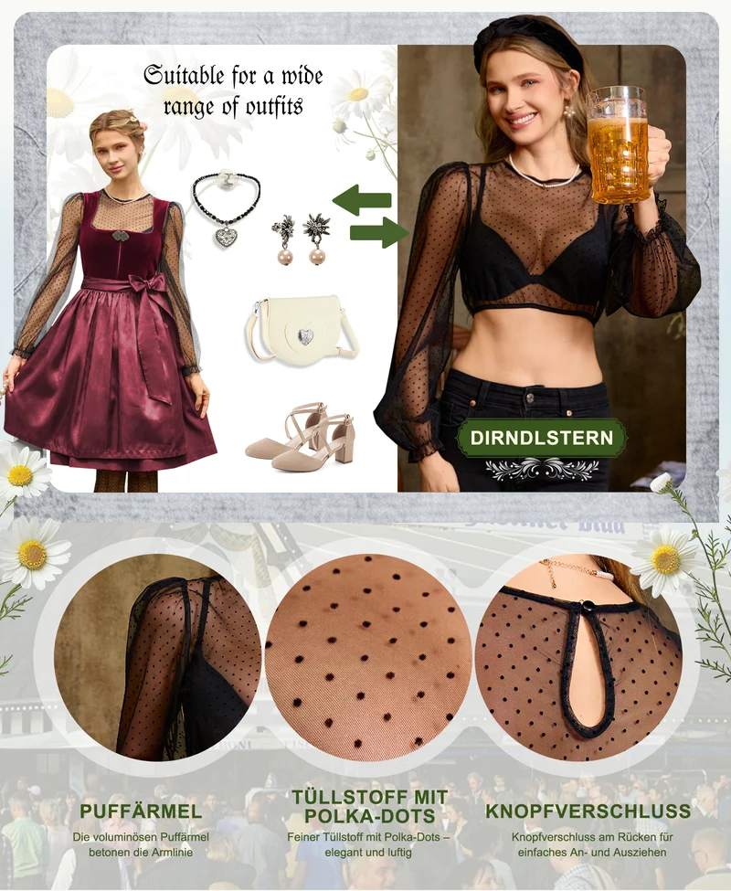 DIRNDLSTERN Bluse Damen Langarm – Dirndlbluse Transparent mit Punkten Trachtenbluse Puffärmel für Oktoberfest & Bayerische