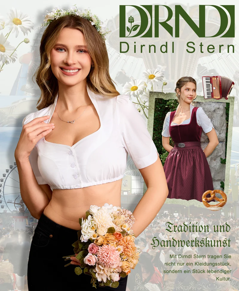 DIRNDLSTERN Bluse Damen Weiß - Dirndlbluse zum Knöpfen Trachtenbluse für Oktoberfest