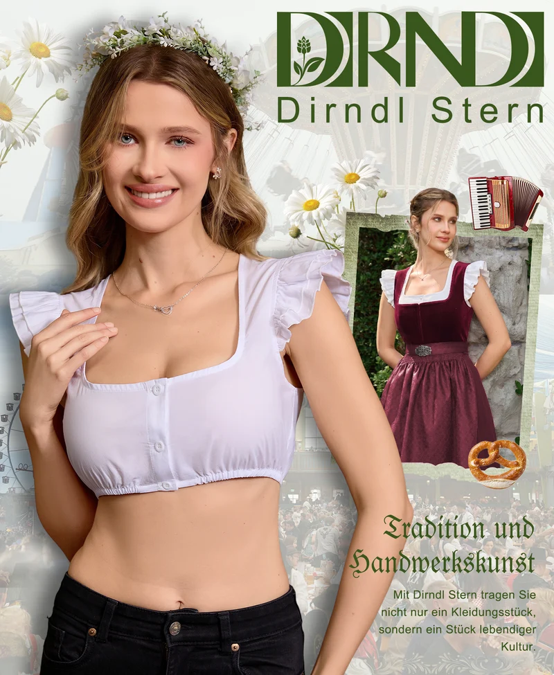 DIRNDLSTERN Dirndlbluse Damen Weiß Flügelärmel – Moderne Dirndl Bluse Trachtenbluse für Oktoberfest