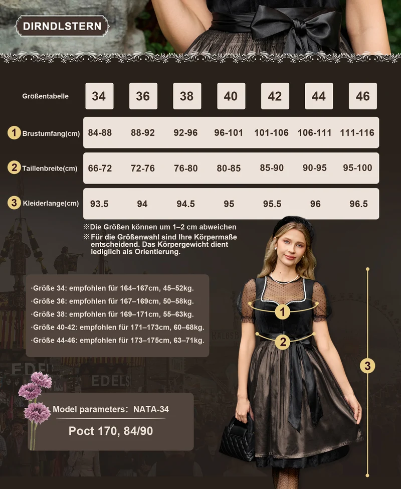 DIRNDLSTERN Trachtenkleid Damen Schwarz - Samt Midi Oktoberfest Outfit Dirndlkleid mit Jacquard 2026 Schwarz