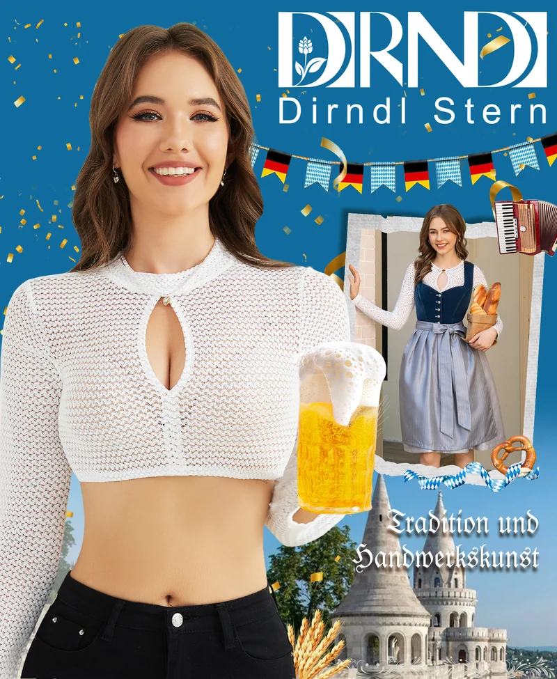 DIRNDLSTERN Dirndlbluse Damen Langarm Weiß Bluse Spitze Trachtenbluse Hochgeschlossen Elegant für Oktoberfest
