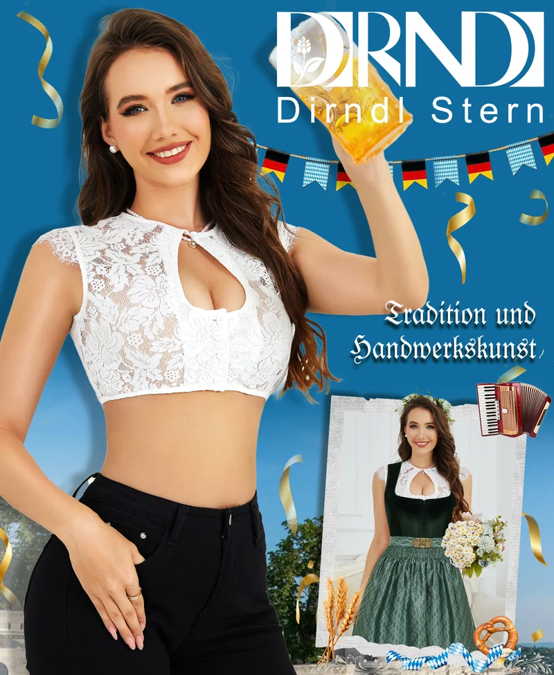 DIRNDLSTERN Damen Dirndlbluse Spitze Kurzarm - Bluse Weiß Elegante Trachtenbluse für Oktoberfest