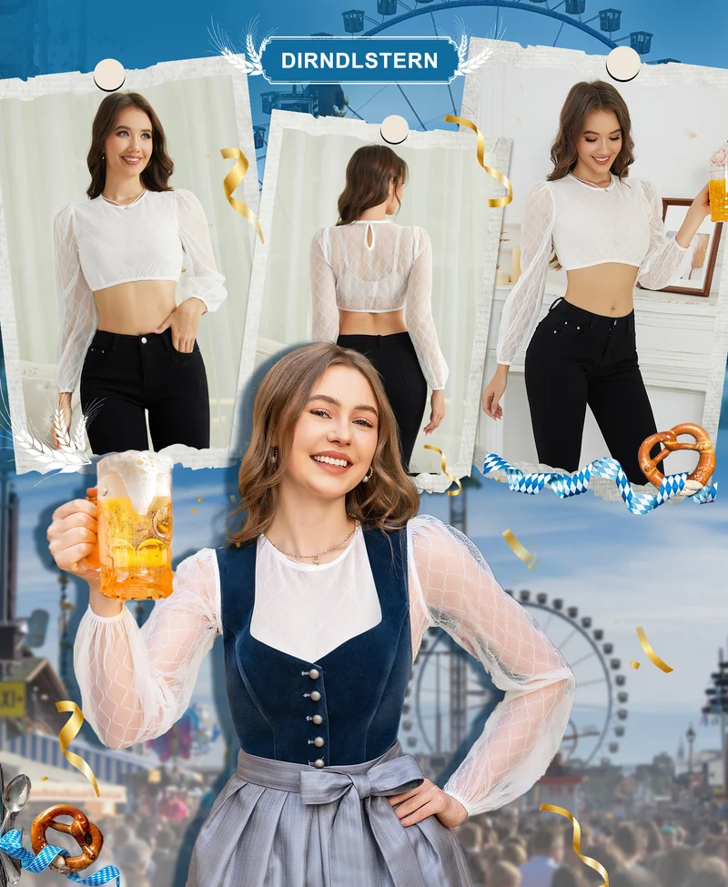 DIRNDLSTERN Bluse Damen Weiß - Dirndlbluse Langarm Trachtenbluse Elegant für Oktoberfest