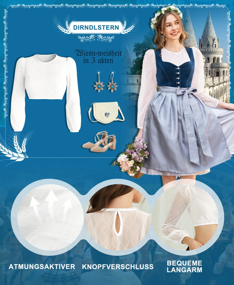 DIRNDLSTERN Bluse Damen Weiß - Dirndlbluse Langarm Trachtenbluse Elegant für Oktoberfest