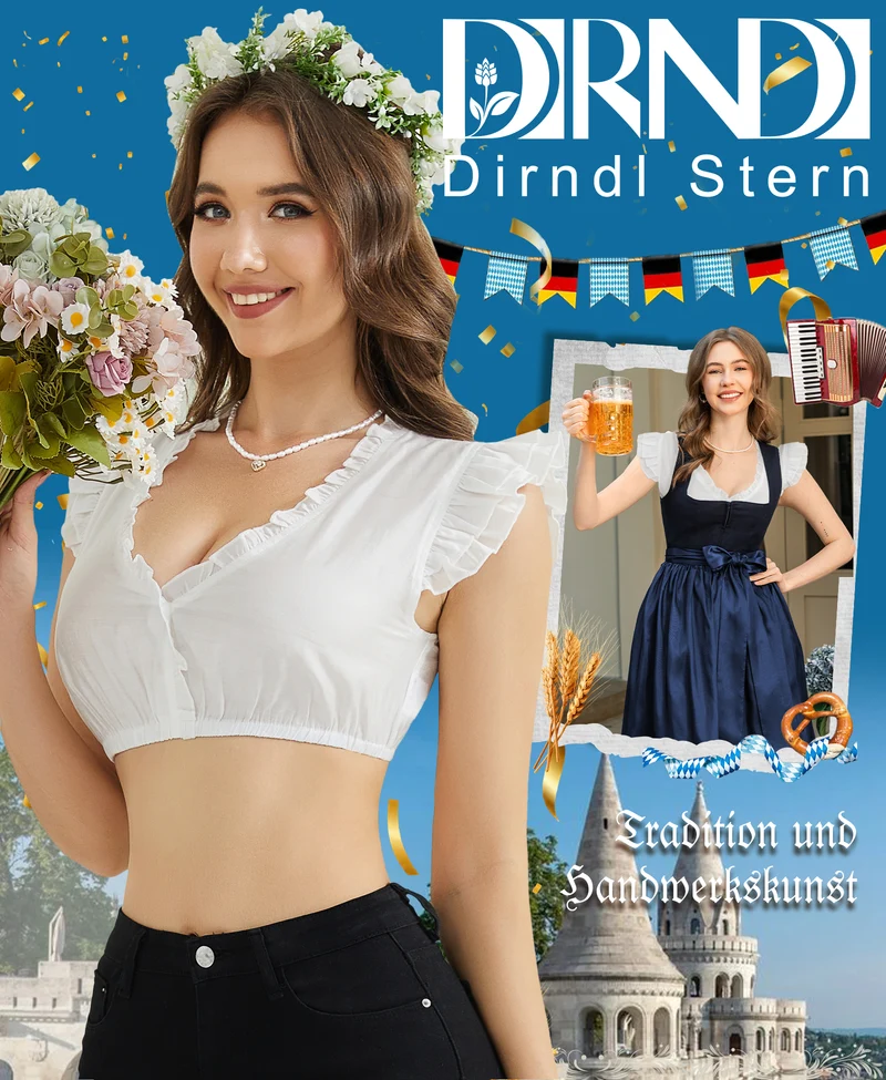 DIRNDLSTERN Dirndlbluse Damen Weiß Kurzarm - Trachtenbluse mit V-Ausschnitt und Rüschenärmeln Luftige und Bequeme Bluse fürs Oktoberfest