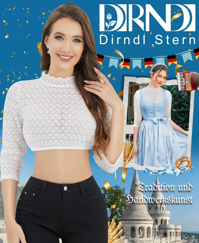 DIRNDLSTERN Bluse Damen Weiß - Dirndlbluse Hochgeschlossen Langarm Trachtenbluse für Oktoberfest