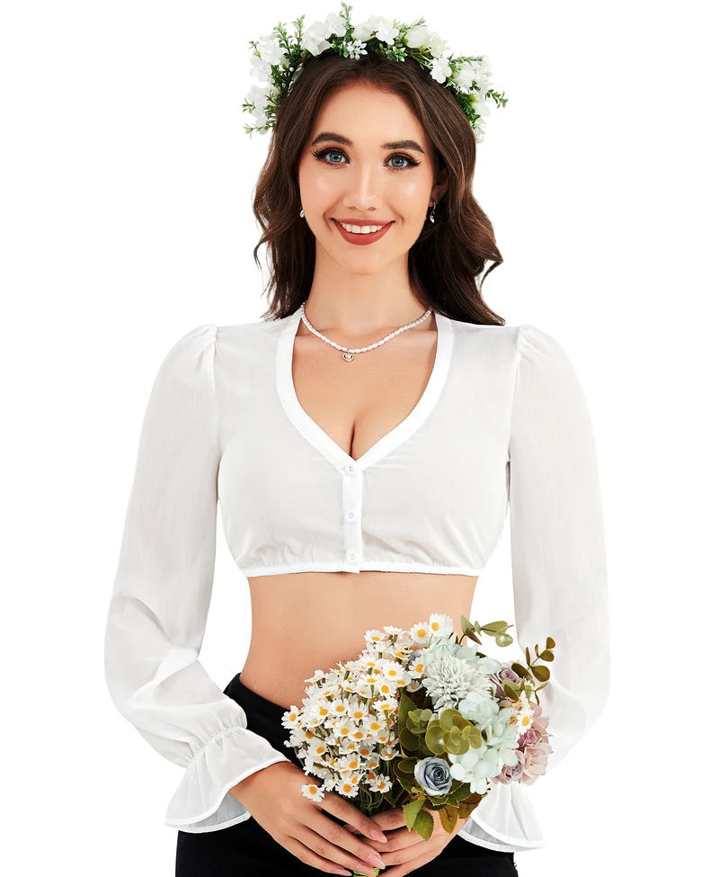 DIRNDLSTERN Bluse Damen Weiß - Dirndlbluse Langarm V-Ausschnitt Oktoberfest Bluse