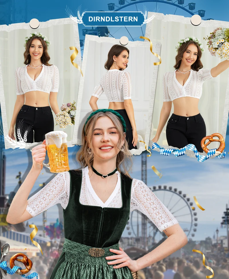 DIRNDLSTERN Dirndlbluse Damen Spitze Weiß Bluse Halbarm Trachtenbluse mit V-Ausschnitt für Oktoberfest