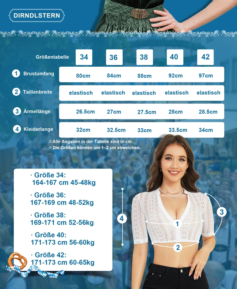 DIRNDLSTERN Dirndlbluse Damen Spitze Weiß Bluse Halbarm Trachtenbluse mit V-Ausschnitt für Oktoberfest