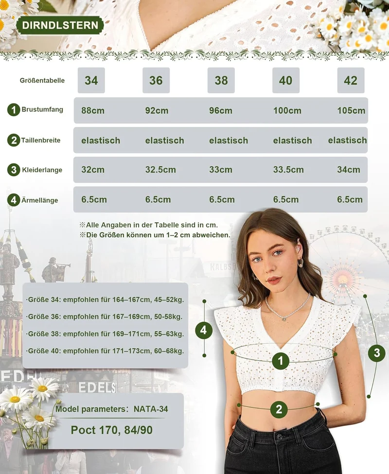 DIRNDLSTERN DirndlBluse Damen Weiß - Exklusive Kurzarm Dirndlbluse mit V-Ausschnitt und Hohlem Design für das Oktoberfest