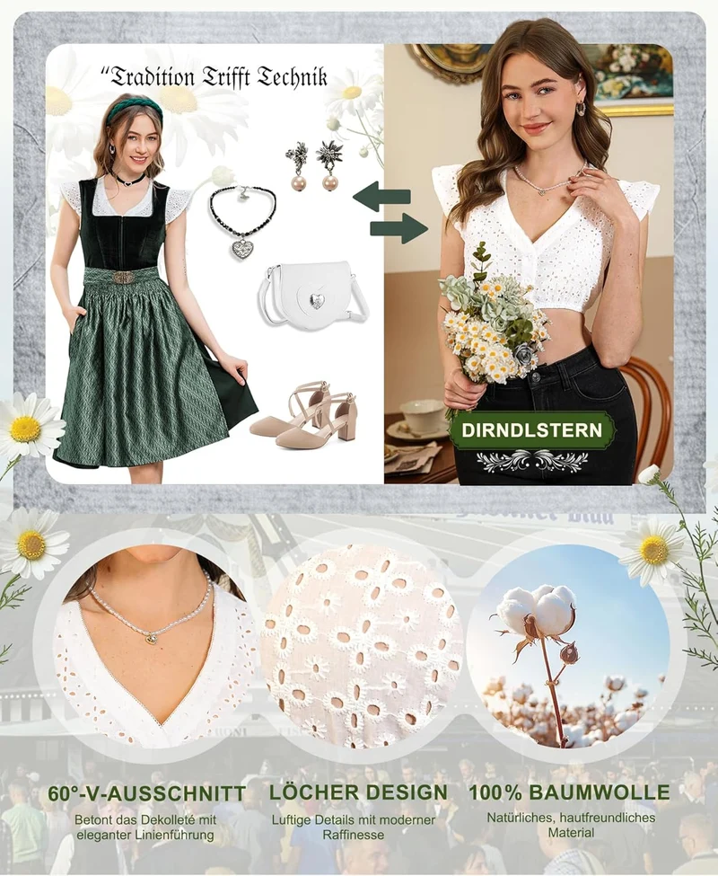 DIRNDLSTERN DirndlBluse Damen Weiß - Exklusive Kurzarm Dirndlbluse mit V-Ausschnitt und Hohlem Design für das Oktoberfest