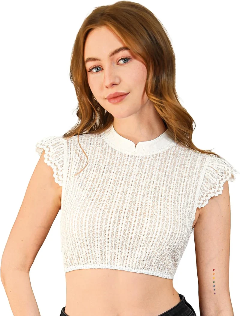 DIRNDLSTERN Dirndl Bluse Damen Weiß - Dirndlbluse Spitze Dirndlblusen Hochgeschlossen Flügelärmel Trachtenblusen Vertikale Streifen Elegant