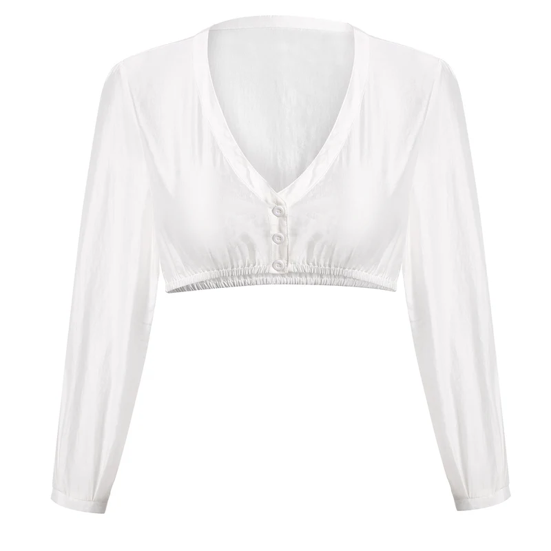 DIRNDLSTERN Women's White Dirndl Blouse Long Sleeve V-Neck Button Placket Costume Blouse for Oktoberfest and Carnival