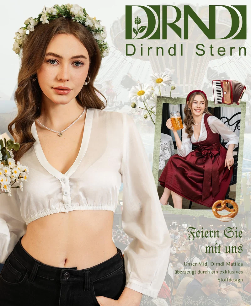 DIRNDLSTERN Women's White Dirndl Blouse Long Sleeve V-Neck Button Placket Costume Blouse for Oktoberfest and Carnival