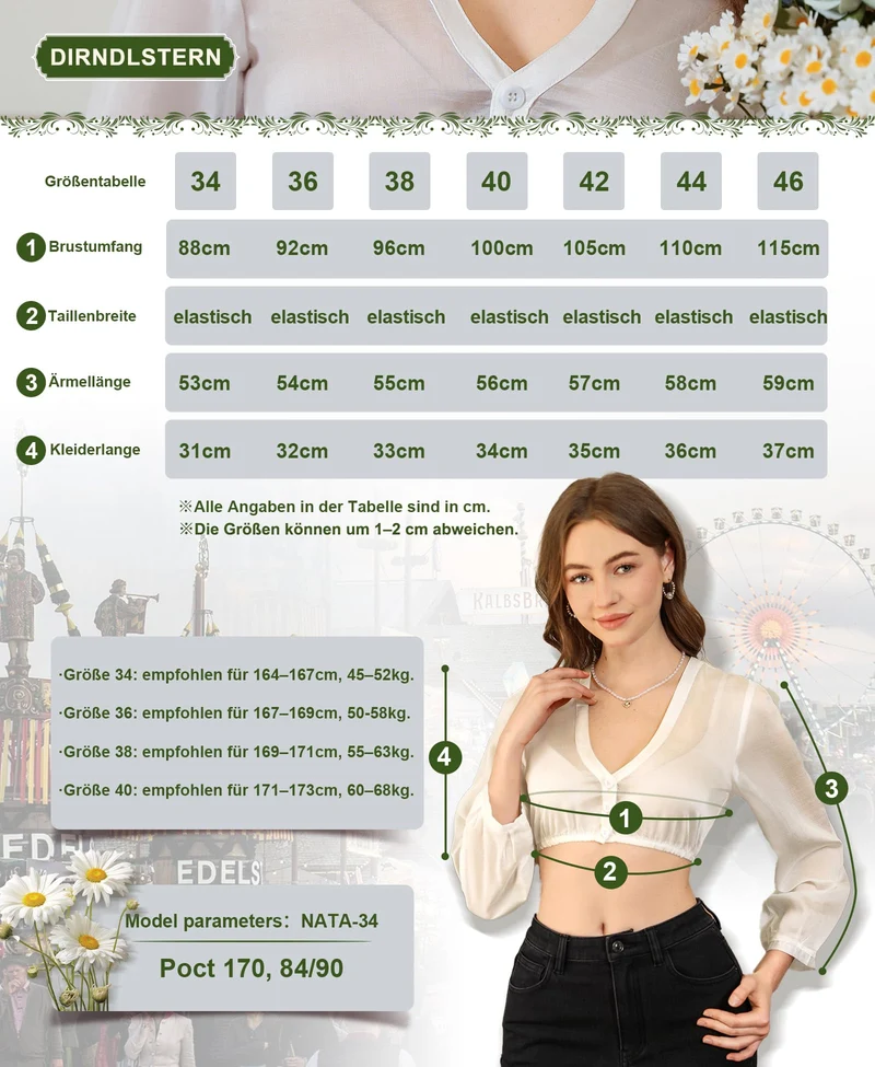 DIRNDLSTERN Women's White Dirndl Blouse Long Sleeve V-Neck Button Placket Costume Blouse for Oktoberfest and Carnival