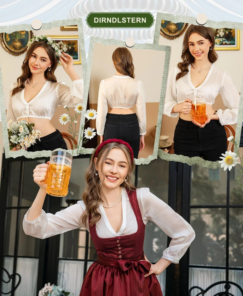 DIRNDLSTERN Women's White Dirndl Blouse Long Sleeve V-Neck Button Placket Costume Blouse for Oktoberfest and Carnival