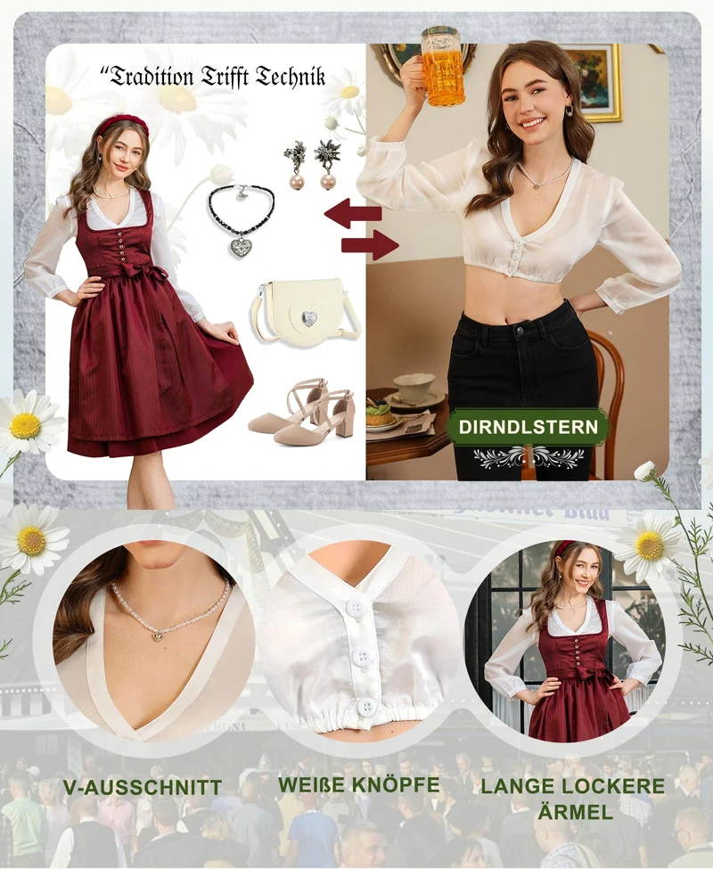 DIRNDLSTERN Women's White Dirndl Blouse Long Sleeve V-Neck Button Placket Costume Blouse for Oktoberfest and Carnival