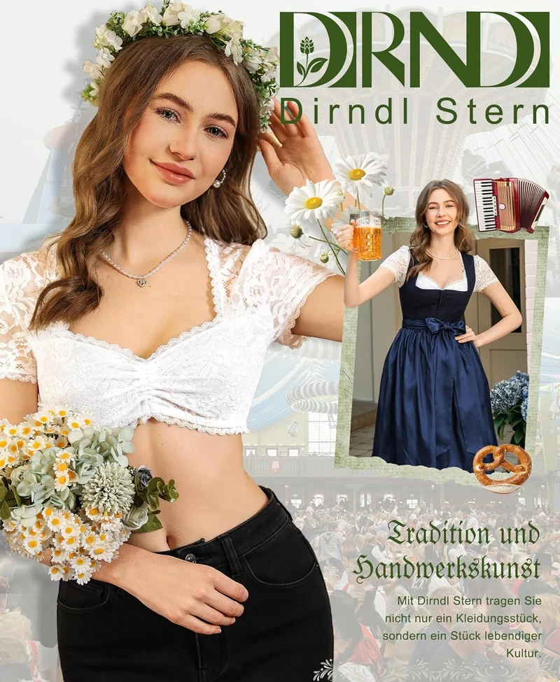 DIRNDLSTERN Dirndl Bluse Damen Spitze - Dirndlbluse Weiß Herzausschnitt Trachtenbluse Kurzarm für Oktoberfest