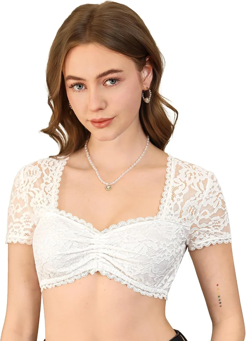 DIRNDLSTERN Dirndl Bluse Damen Spitze - Dirndlbluse Weiß Herzausschnitt Trachtenbluse Kurzarm für Oktoberfest