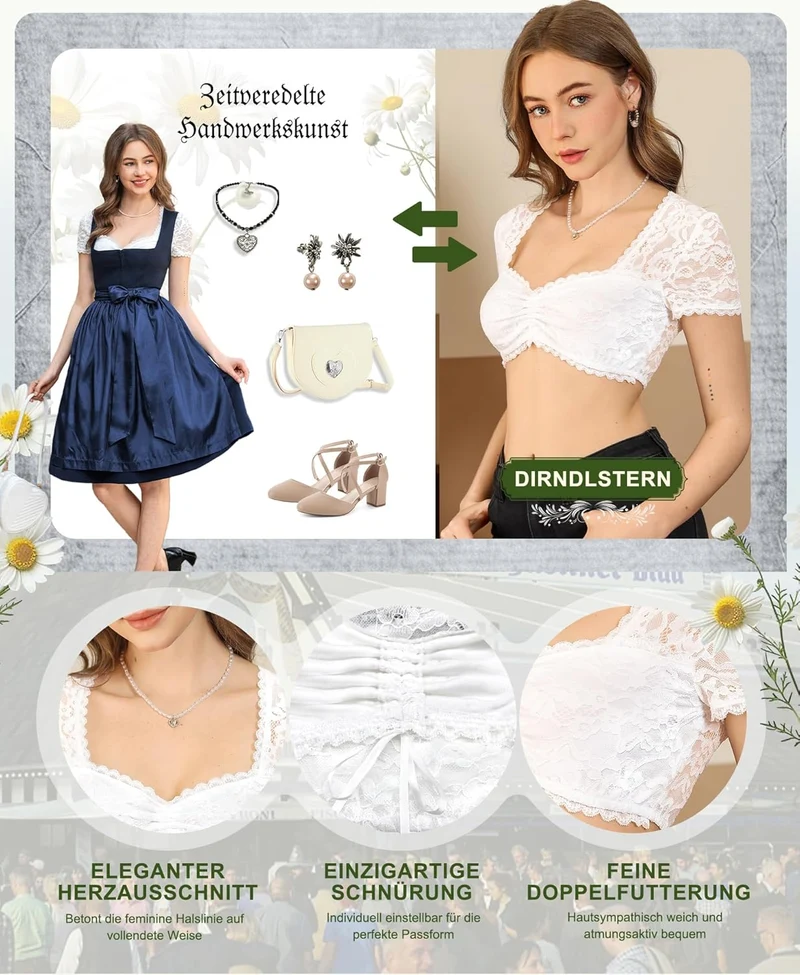 DIRNDLSTERN Dirndl Bluse Damen Spitze - Dirndlbluse Weiß Herzausschnitt Trachtenbluse Kurzarm für Oktoberfest