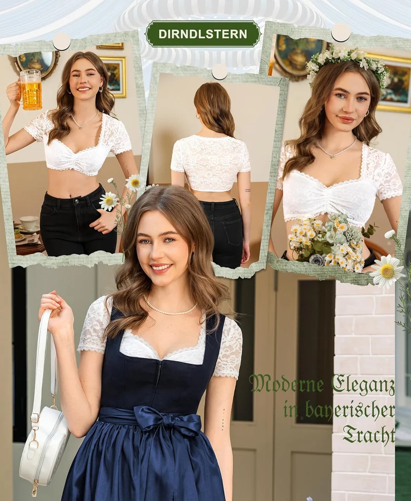 DIRNDLSTERN Dirndl Bluse Damen Spitze - Dirndlbluse Weiß Herzausschnitt Trachtenbluse Kurzarm für Oktoberfest