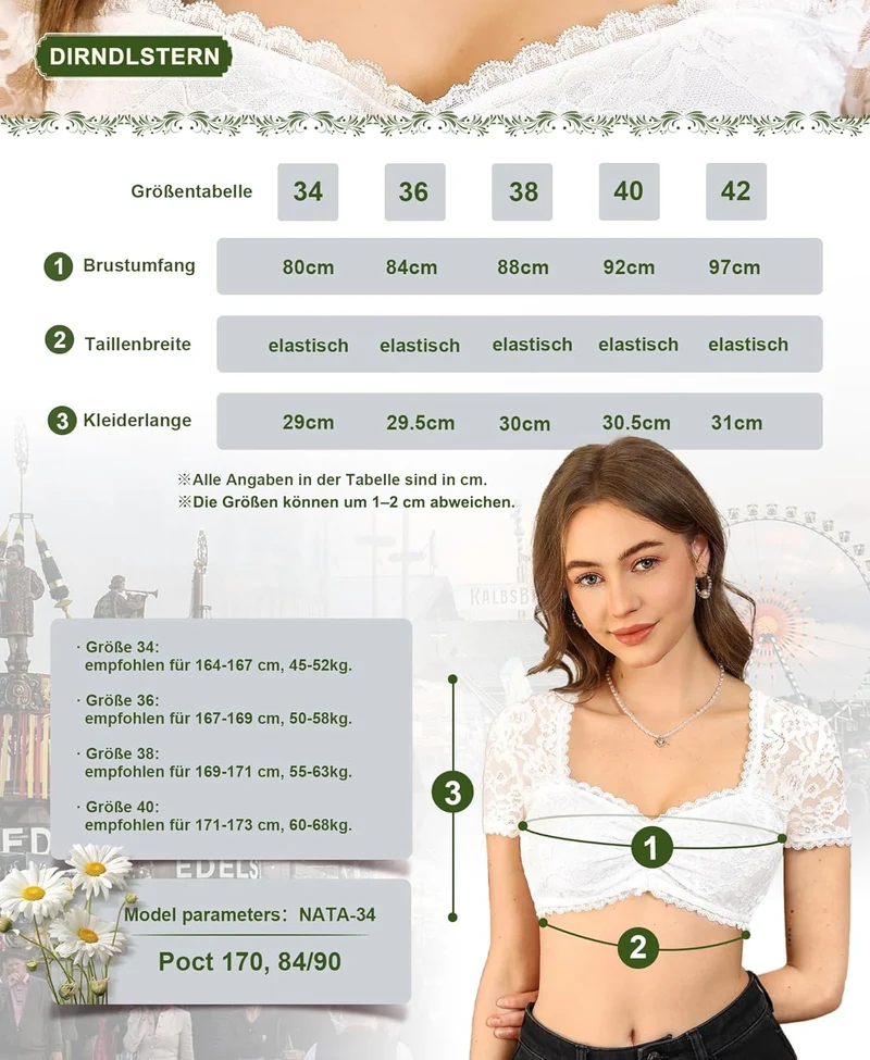 DIRNDLSTERN Dirndl Bluse Damen Spitze - Dirndlbluse Weiß Herzausschnitt Trachtenbluse Kurzarm für Oktoberfest