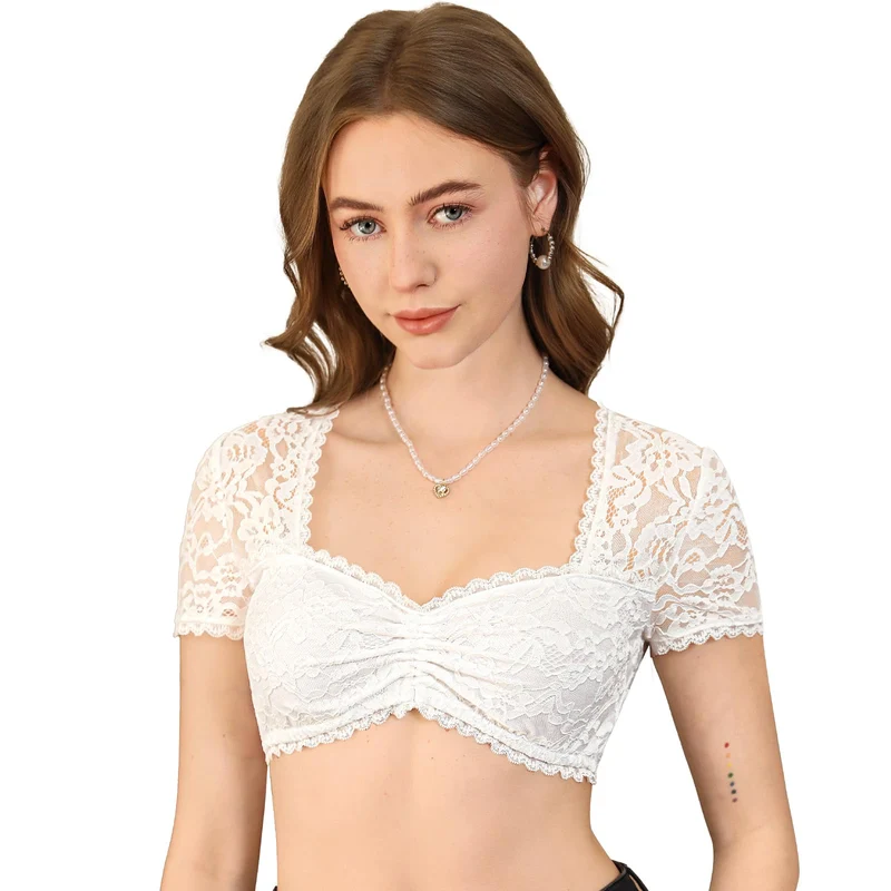 DIRNDLSTERN Dirndl Bluse Damen Spitze - Dirndlbluse Weiß Herzausschnitt Trachtenbluse Kurzarm für Oktoberfest