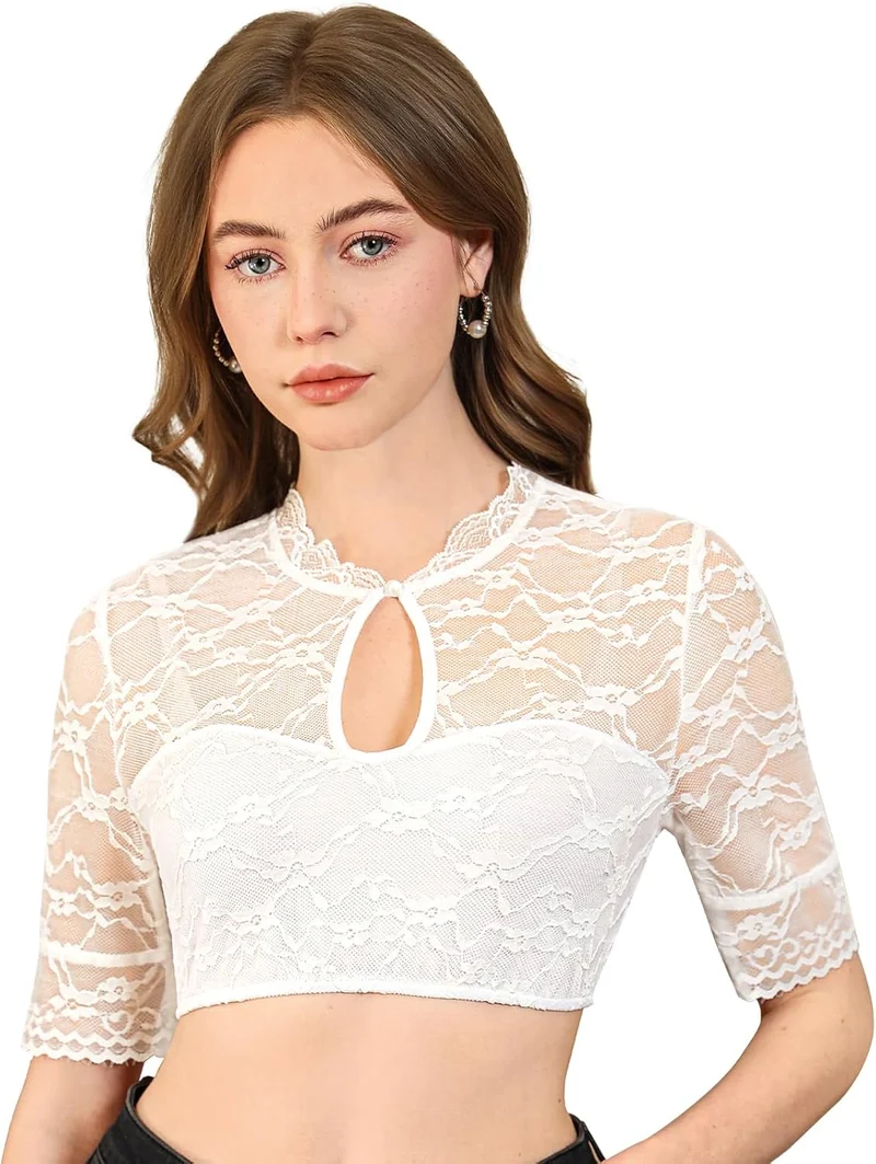 DIRNDLSTERN Dirndl Bluse Damen Weiß - Elegante Kurzarm Dirndlbluse mit Spitze und Teardrop-Ausschnitt für Oktoberfest