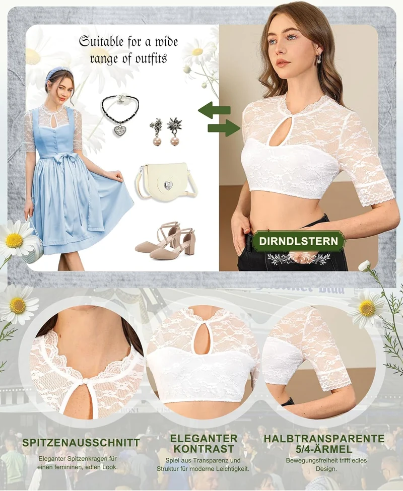 DIRNDLSTERN Dirndl Bluse Damen Weiß - Elegante Kurzarm Dirndlbluse mit Spitze und Teardrop-Ausschnitt für Oktoberfest