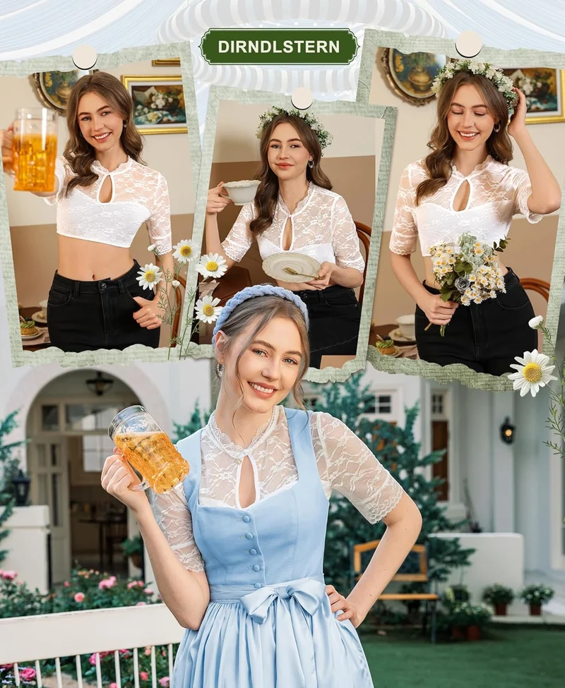 DIRNDLSTERN Dirndl Bluse Damen Weiß - Elegante Kurzarm Dirndlbluse mit Spitze und Teardrop-Ausschnitt für Oktoberfest