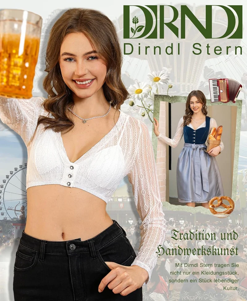 DIRNDLSTERN Damen Dirndlbluse Spitze Langarm - Weiß Dirndl Bluse V-ausschnitt Knopfleiste Trachtenbluse für Oktoberfest