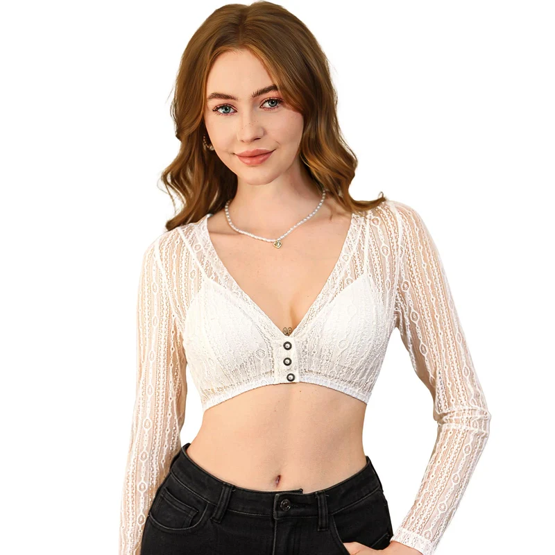 DIRNDLSTERN Damen Dirndlbluse Spitze Langarm - Weiß Dirndl Bluse V-ausschnitt Knopfleiste Trachtenbluse für Oktoberfest