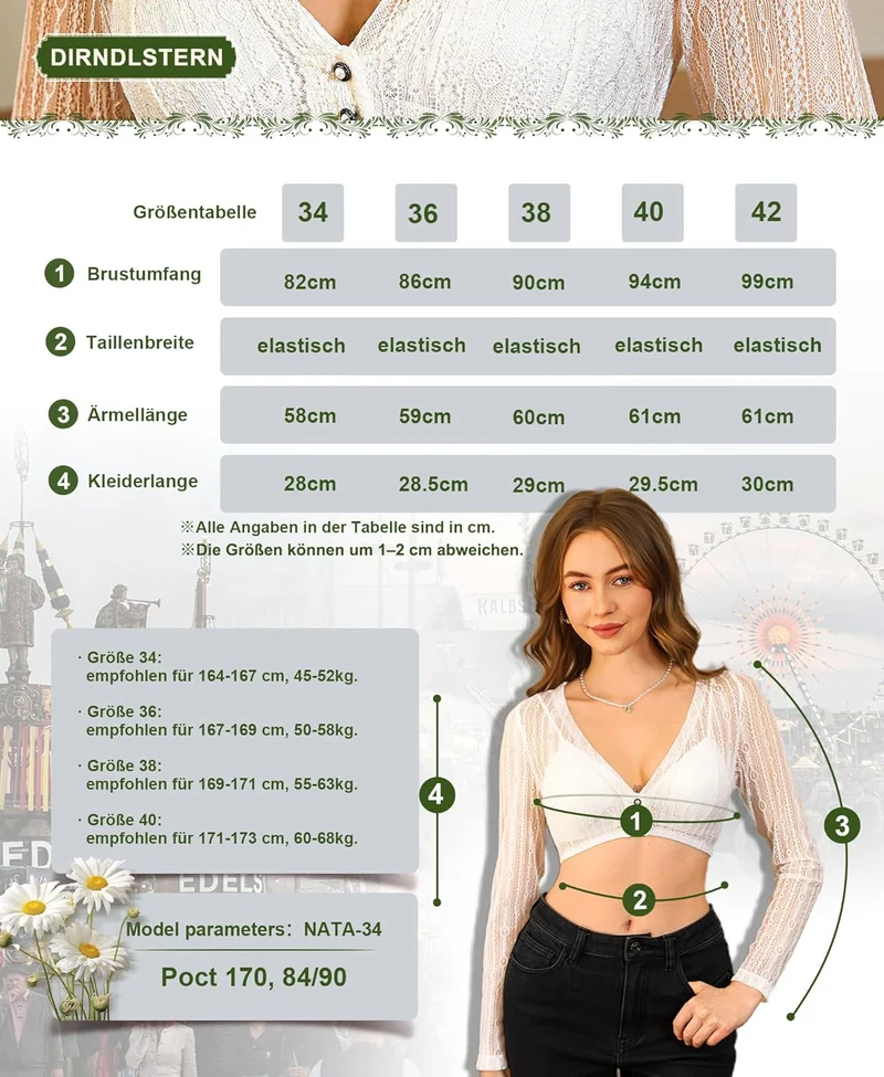 DIRNDLSTERN Damen Dirndlbluse Spitze Langarm - Weiß Dirndl Bluse V-ausschnitt Knopfleiste Trachtenbluse für Oktoberfest
