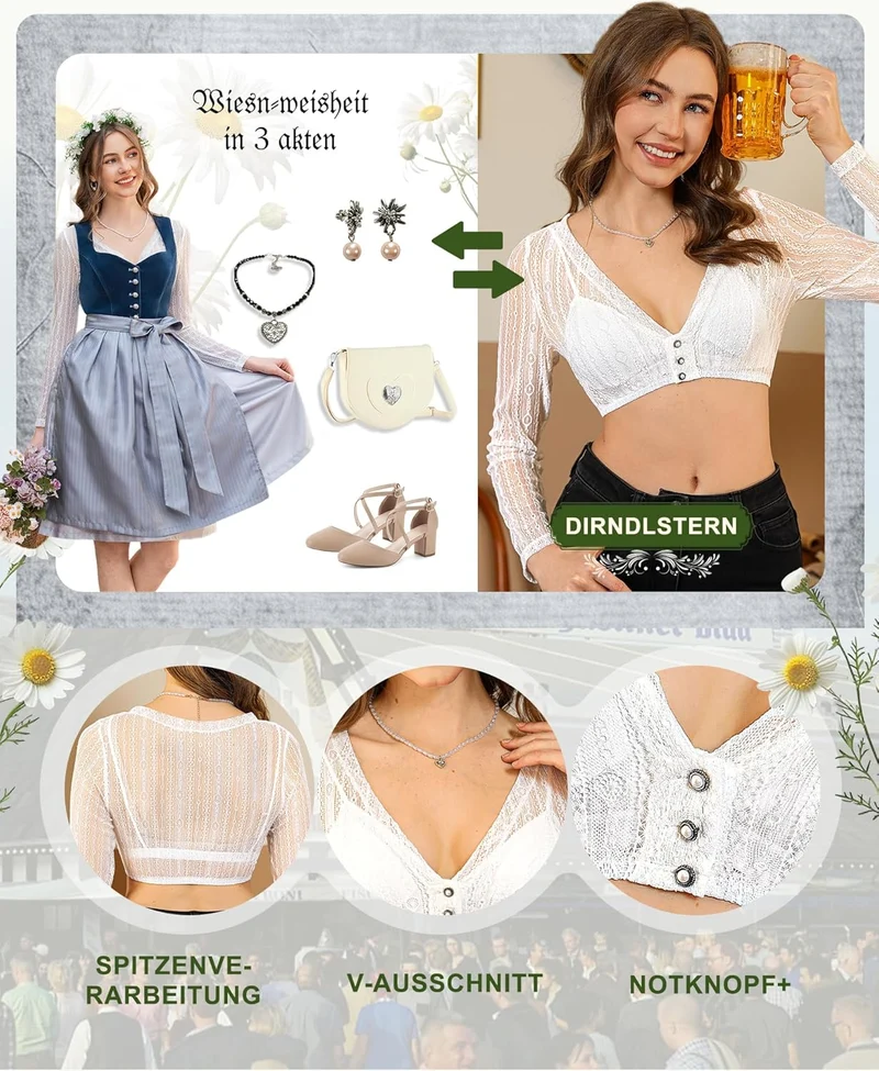 DIRNDLSTERN Damen Dirndlbluse Spitze Langarm - Weiß Dirndl Bluse V-ausschnitt Knopfleiste Trachtenbluse für Oktoberfest