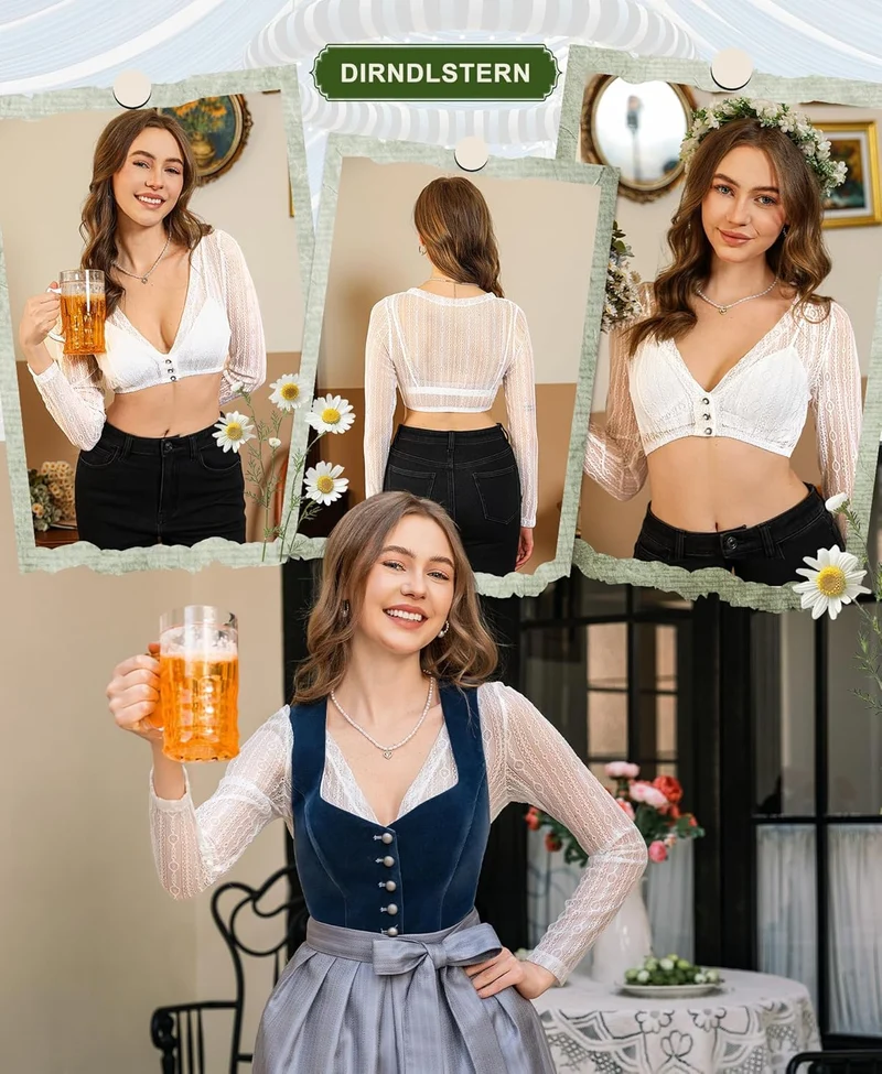 DIRNDLSTERN Damen Dirndlbluse Spitze Langarm - Weiß Dirndl Bluse V-ausschnitt Knopfleiste Trachtenbluse für Oktoberfest