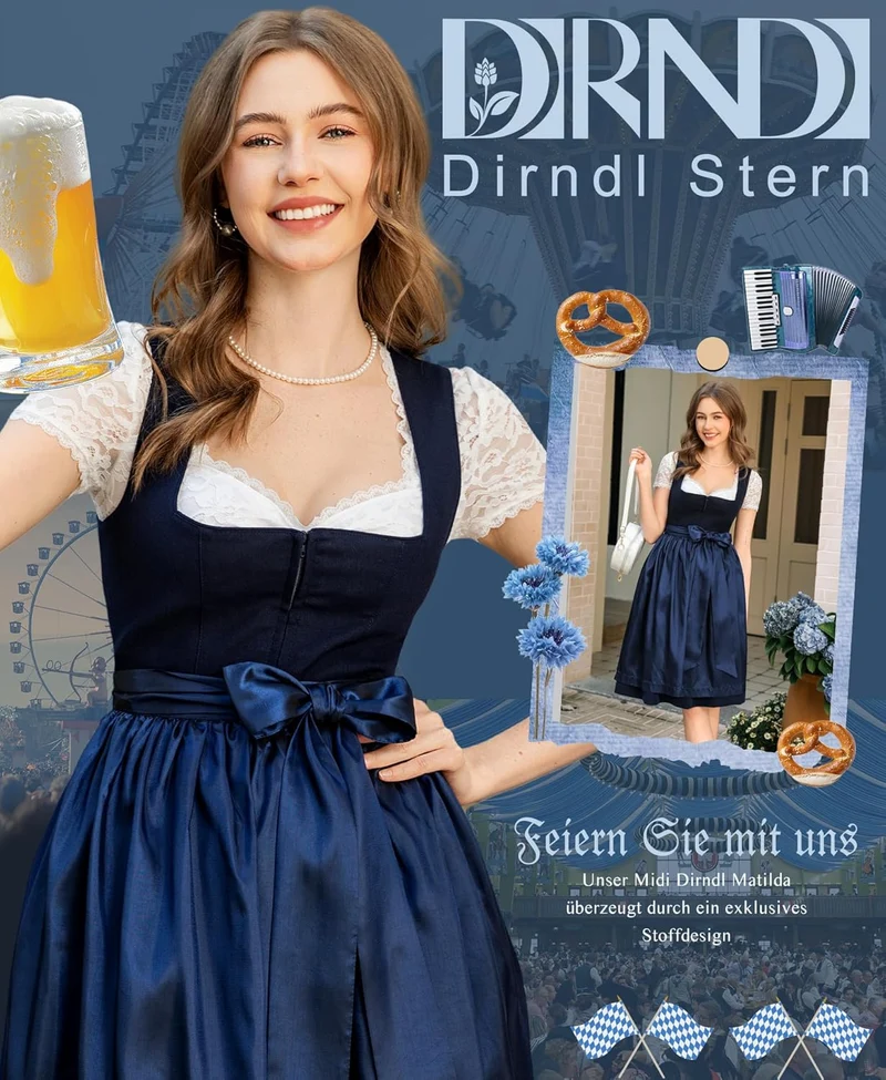 DIRNDLSTERN Dirndl Damen Blau Ohne - Schnürung Midi Damen Outfit Oktoberfest 2025